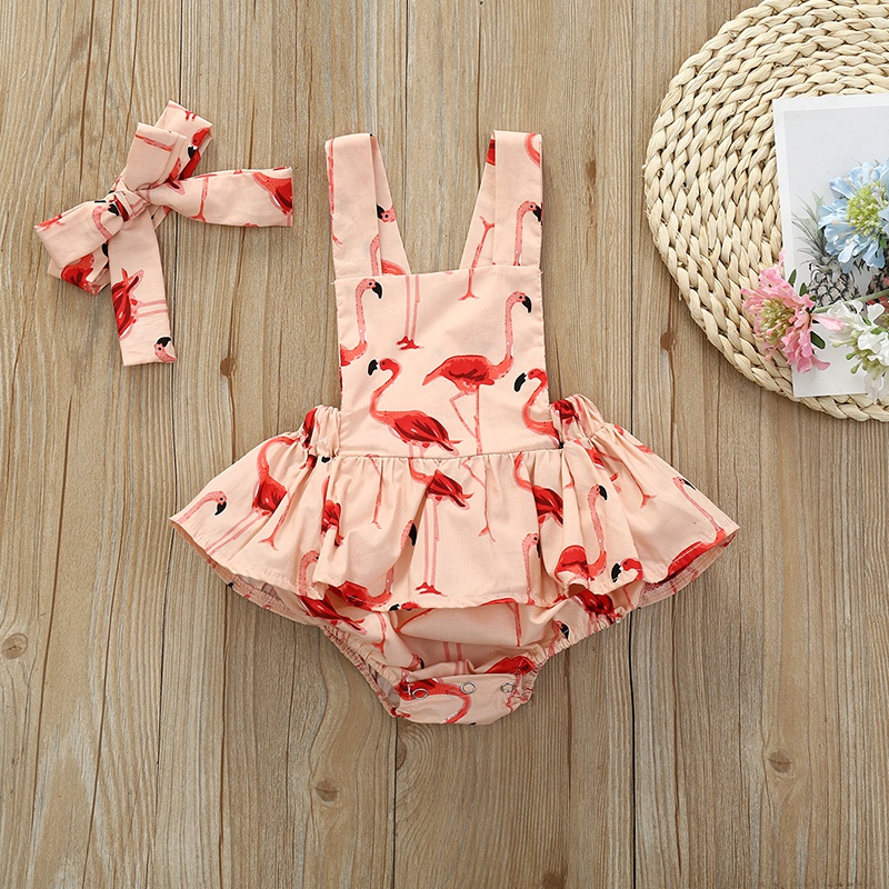 Flamingo Print Suspender Shorts with Headband